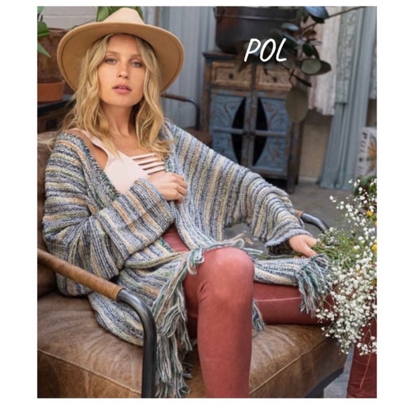 New! Beautiful Striped Multi Color Open Front w/ Fringe detail Cardigan Sweater - Picture 1 of 16